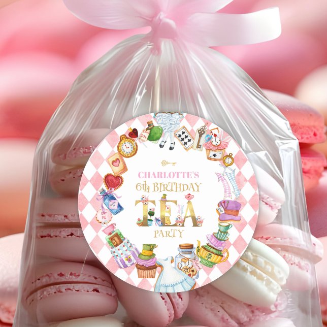 Adesivo Redondo Pink Alice in Wonderland 6th Birthday   (Criador carregado)