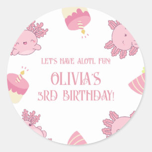 Adesivo Redondo Pink Axolotl Crianças Aniversário Mailer ou Presen