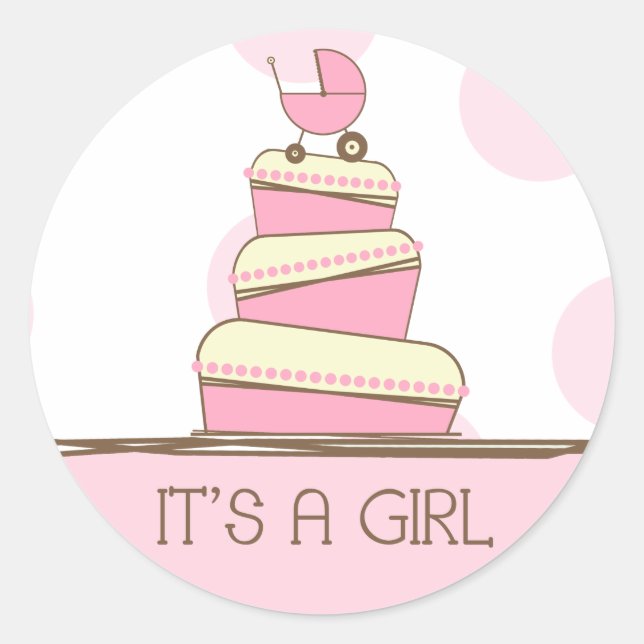 Adesivo Redondo Pink Baby Carruagem Cake "It's A Girl" Sticker (Frente)