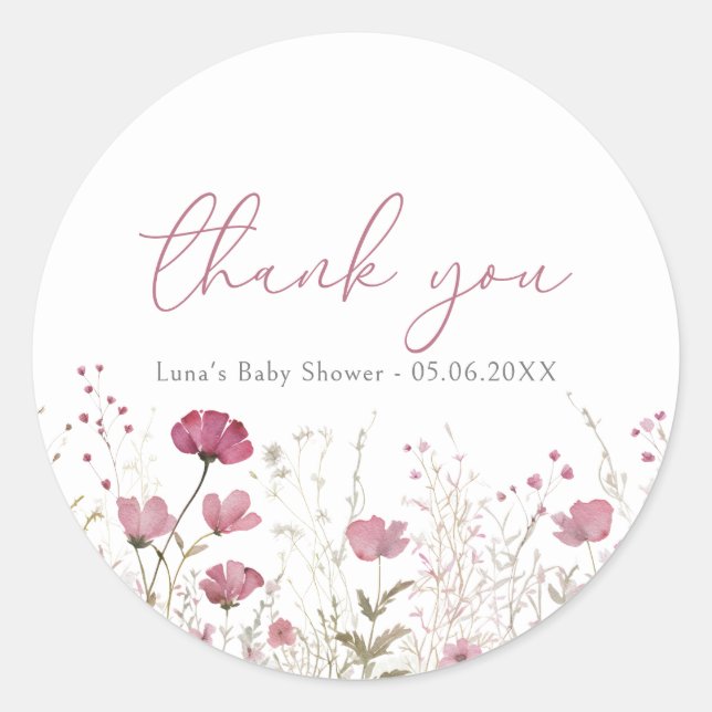 Adesivo Redondo Pink Baby In Bloom Wildflower Shower Favor Sticker (Frente)