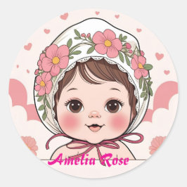 Adesivo Redondo Pink Baby Shower Sticker with Watercolor Flowers &