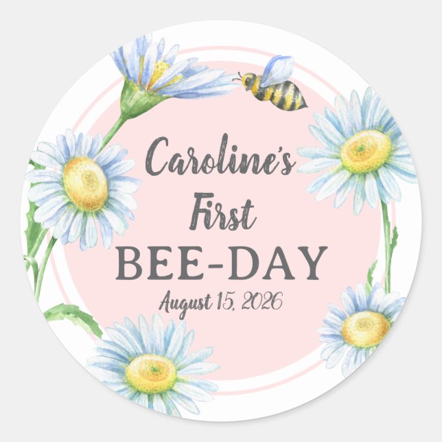 Adesivo Redondo Pink Bee-Day Birthday Stickers with Daisies (Frente)