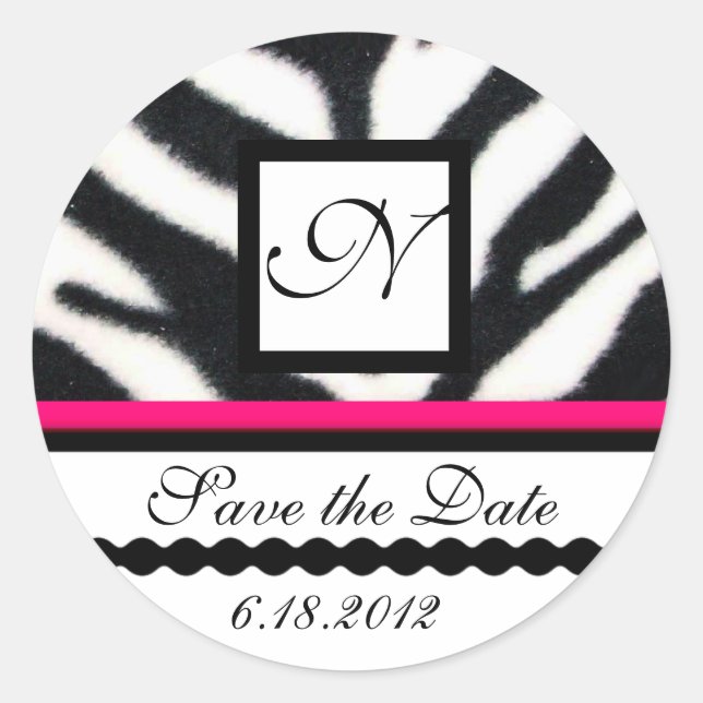 Adesivo Redondo PINK BLACK WHITE ZEBRA FUR MONOGRAM , Salve a data (Frente)