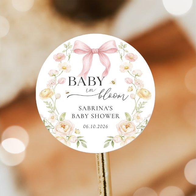 Adesivo Redondo Pink Bow Baby In Bloom Baby Shower Sticker (Criador carregado)