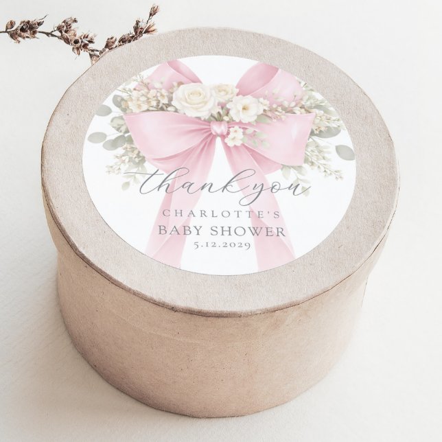 Adesivo Redondo Pink Bow Baby Shower floral Thank you (Criador carregado)