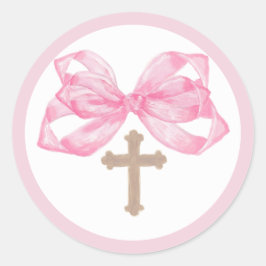 Adesivo Redondo Pink Bow Baptism Envelope Seal Sticker Cross Round