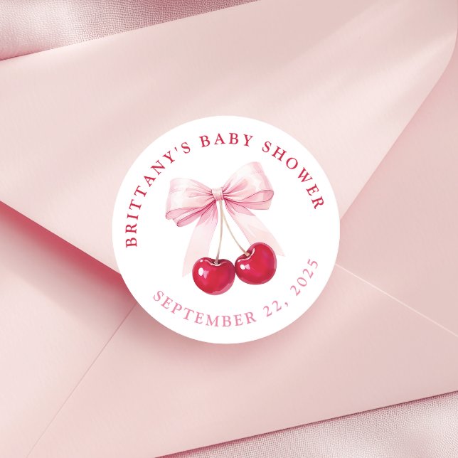 Adesivo Redondo Pink Bow Cherry Baby Shower Round Stickers (Criador carregado)