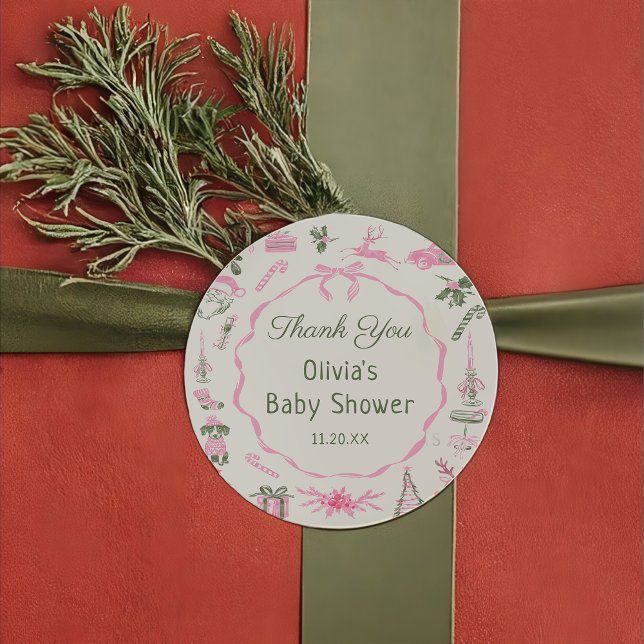 Adesivo Redondo Pink Bow Christmas Baby Shower Sticker (Criador carregado)