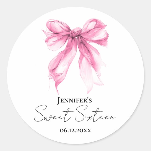 Adesivo Redondo Pink Bow Coquette Script Sweet 16 Party (Frente)