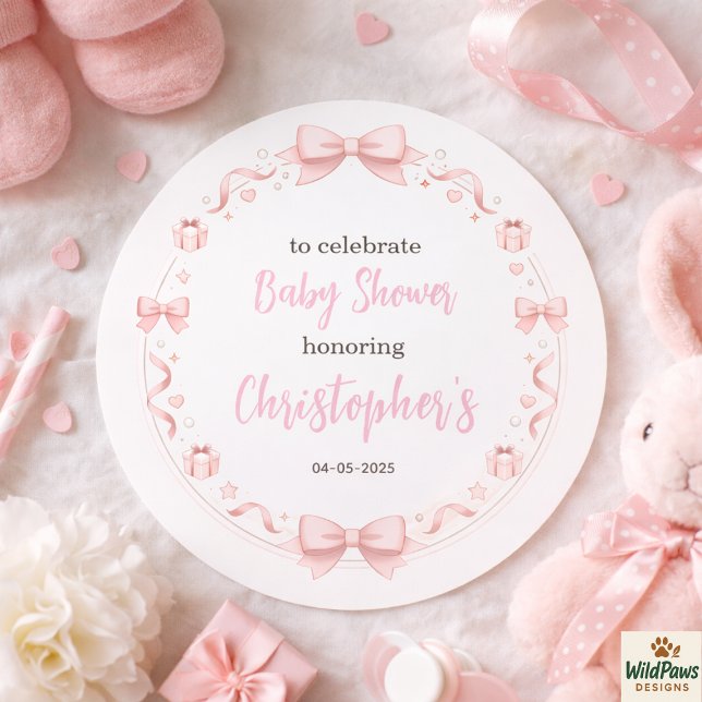 Adesivo Redondo Pink Bow Girl Baby Shower – Cute & Fun Party (Pink Bow Girl Baby Shower – Cute & Fun Party Classic Round Sticker)