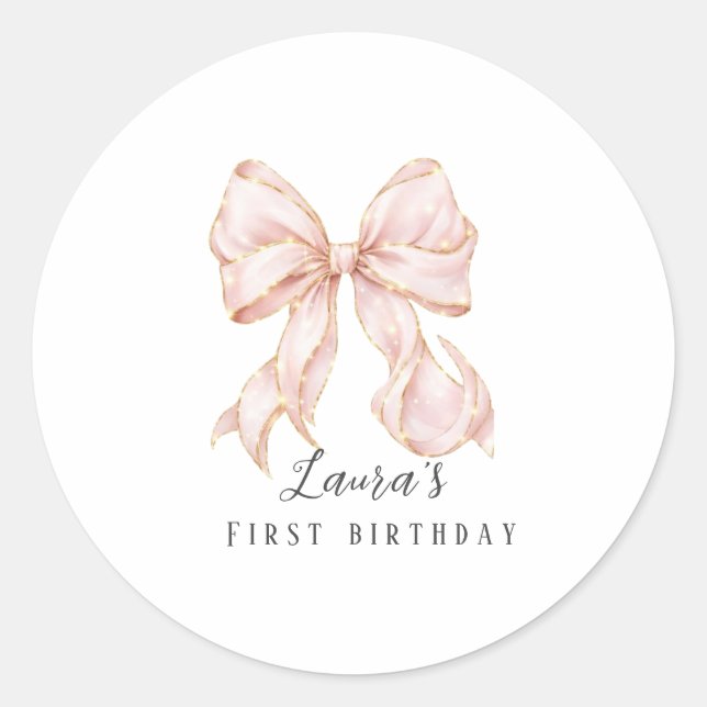 Adesivo Redondo Pink Bow Girl First Birthday Party  (Frente)