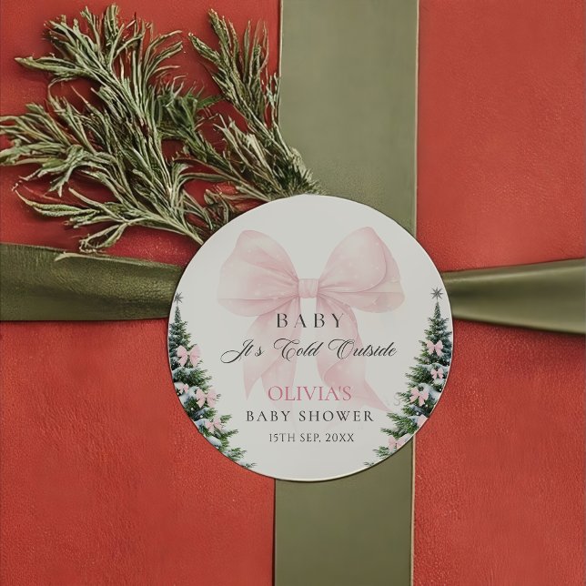 Adesivo Redondo Pink Bow It's Cold Outside Baby Shower Sticker (Criador carregado)