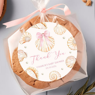 Adesivo Redondo Pink Bow Seashell Coastal Baby Shower Sticker