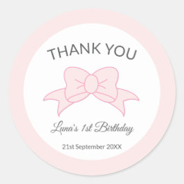 Adesivo Redondo Pink Bow Thank You Girl Kids 1st Birthday 