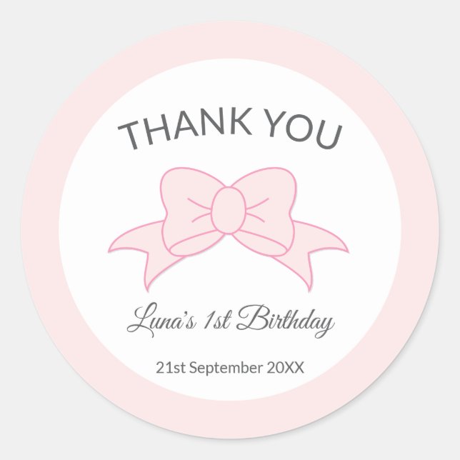 Adesivo Redondo Pink Bow Thank You Girl Kids 1st Birthday  (Frente)