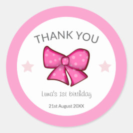 Adesivo Redondo Pink Bow Thank You Girl Kids 1st Birthday