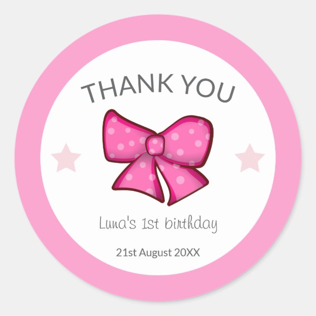 Adesivo Redondo Pink Bow Thank You Girl Kids 1st Birthday  (Frente)