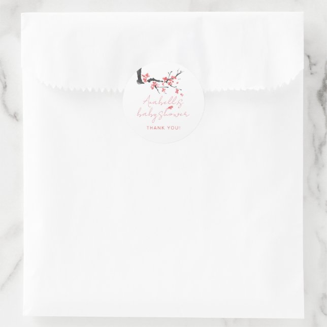 Adesivo Redondo Pink Cherry Blossom Script Baby Shower Thank You (Bolsa)
