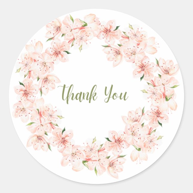 Adesivo Redondo Pink Cherry Blossom Wreath Thank You Sticker (Frente)