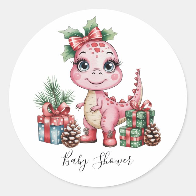 Adesivo Redondo Pink Christmas Dino Girl Baby Shower (Frente)