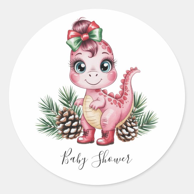 Adesivo Redondo Pink Christmas Dino Girl Baby Shower (Frente)