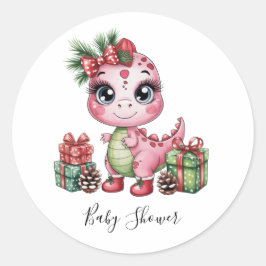 Adesivo Redondo Pink Christmas Dino Girl Baby Shower