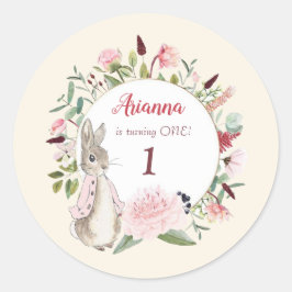 Adesivo Redondo Pink clássico Peter o Rabbit Floral Birthday