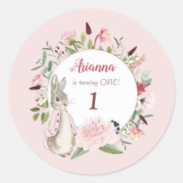 Adesivo Redondo Pink clássico Peter o Rabbit Floral Birthday