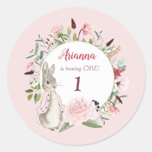 Adesivo Redondo Pink clássico Peter o Rabbit Floral Birthday