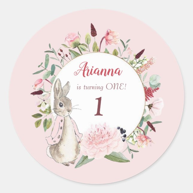 Adesivo Redondo Pink clássico Peter o Rabbit Floral Birthday (Frente)