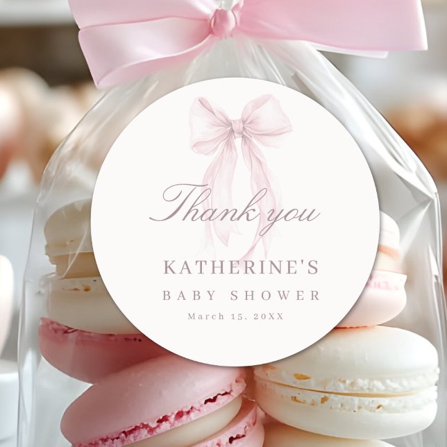 Adesivo Redondo Pink Coquette Bow Baby Shower (Pink Bow Sticker)