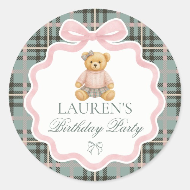 Adesivo Redondo Pink Coquette Bow Bear Birthday Envelope Seal (Frente)