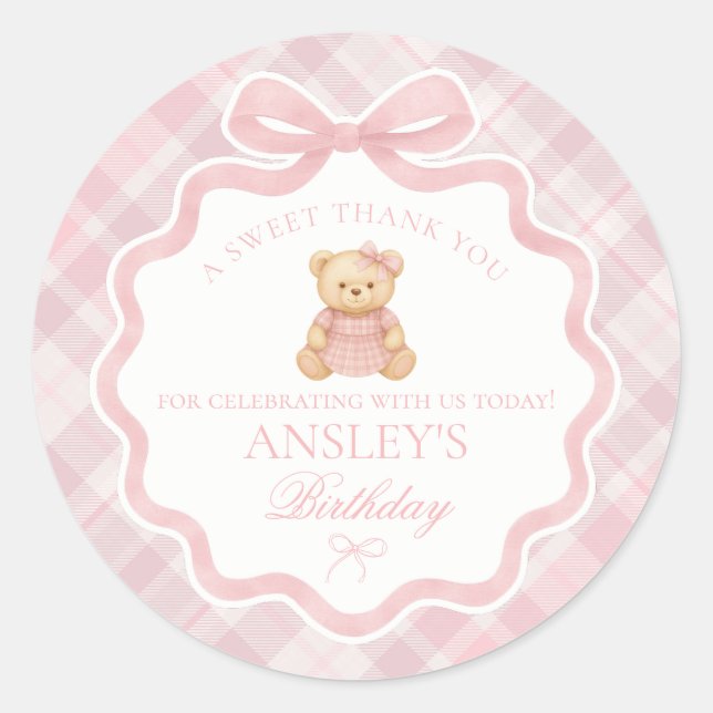 Adesivo Redondo Pink Coquette Bow Bear Tartan Birthday Favor (Frente)