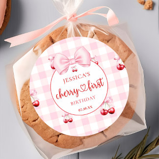 Adesivo Redondo Pink Coquette Bow Cherry First Birthday Party