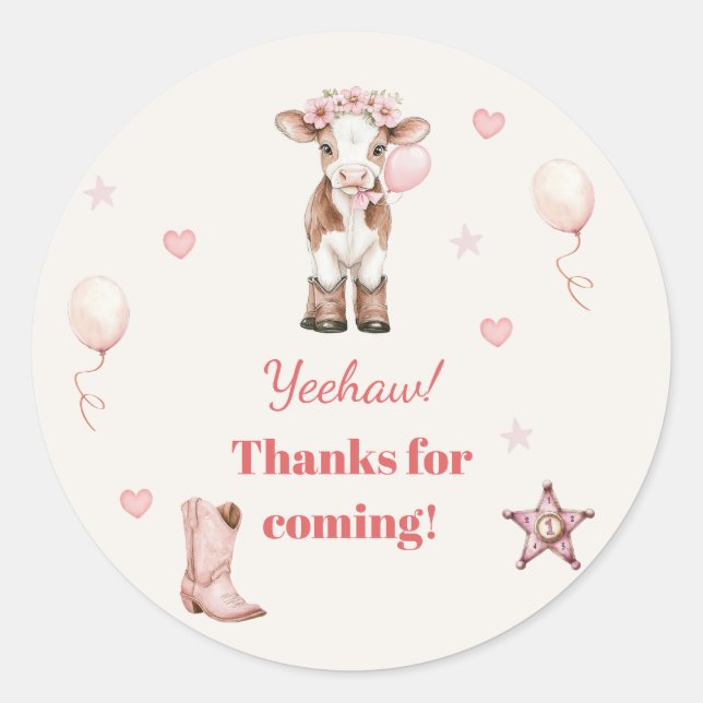 Adesivo Redondo Pink Cowgirl Birthday | Farm Theme 1st  (Frente)
