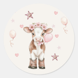 Adesivo Redondo Pink Cowgirl Birthday | Farm Theme 1st