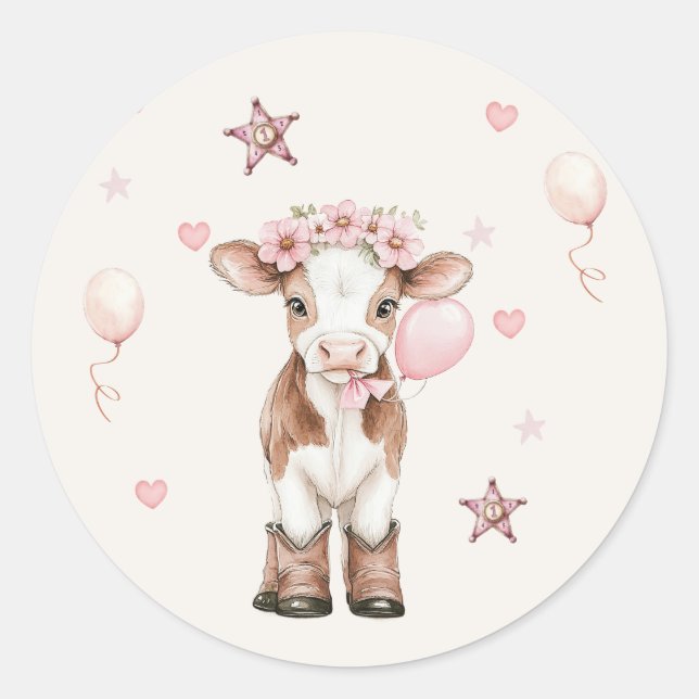 Adesivo Redondo Pink Cowgirl Birthday | Farm Theme 1st  (Frente)