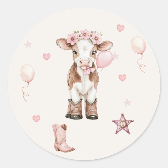Adesivo Redondo Pink Cowgirl Birthday | Farm Theme 1st  (Frente)