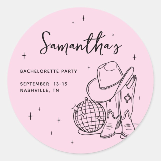Adesivo Redondo Pink Cowgirl Disco Last Rodeo Bachelorette Party (Frente)