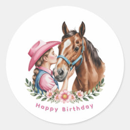 Adesivo Redondo Pink Cowgirl Kissing a Horse Birthday Party