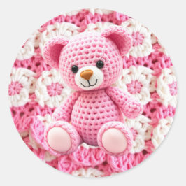 Adesivo Redondo Pink Crocheted Teddy Bear It's a Girl