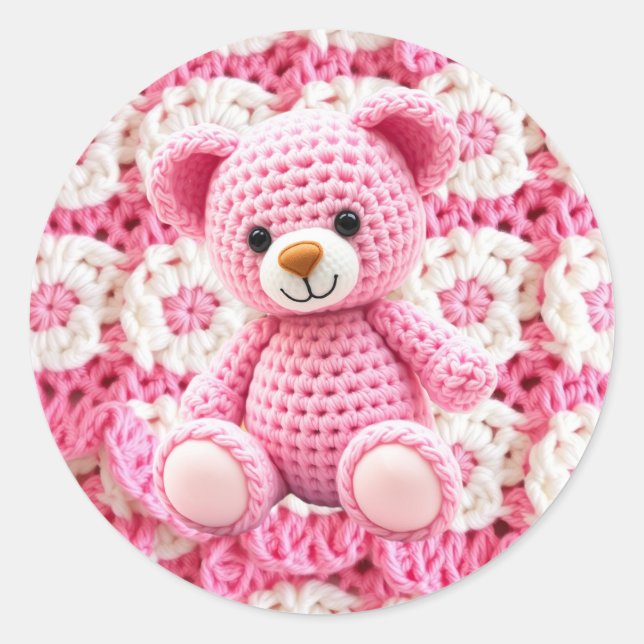Adesivo Redondo Pink Crocheted Teddy Bear It's a Girl (Frente)