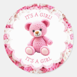 Adesivo Redondo Pink Crocheted Teddy Bear It's a Girl