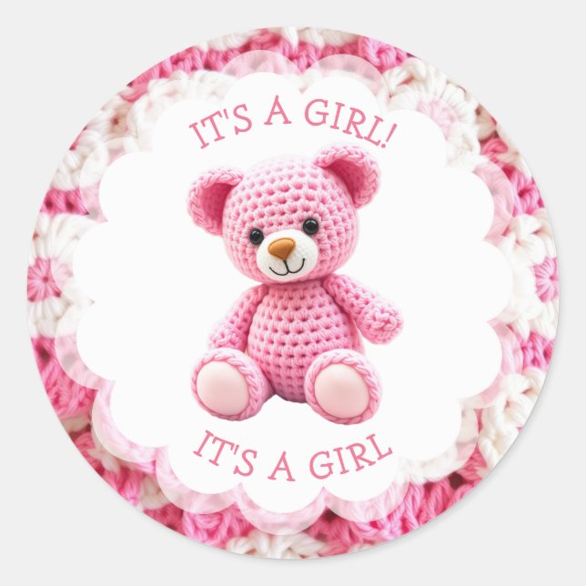 Adesivo Redondo Pink Crocheted Teddy Bear It's a Girl (Frente)