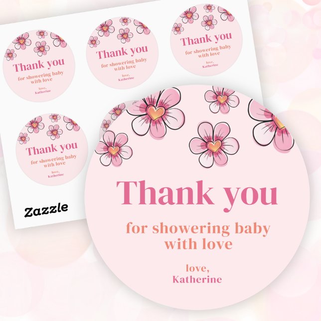 Adesivo Redondo Pink Daisy Girl Baby Shower Thank You  (Pink Daisy Girl Baby Shower Thank You Classic Round Sticker)
