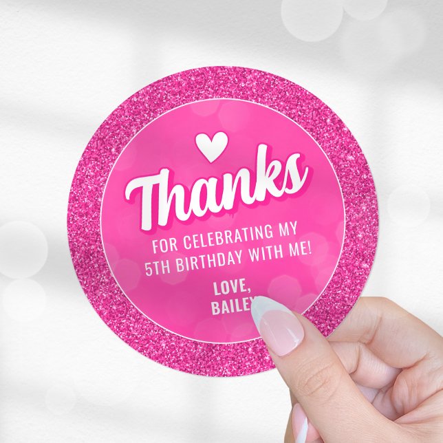 Adesivo Redondo Pink Doll Sticker, Glitter Girl Birthday Thank You (Pink Doll Round Sticker)