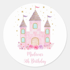 Adesivo Redondo Pink Dourado Princess Castle Birthday
