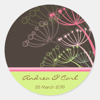 Adesivo Redondo Pink e Mint Dandelions, Favor de Casamento, Sticke