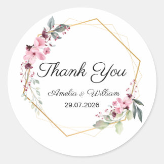 Adesivo Redondo Pink Elegant Floral Thank You Wedding Sticker