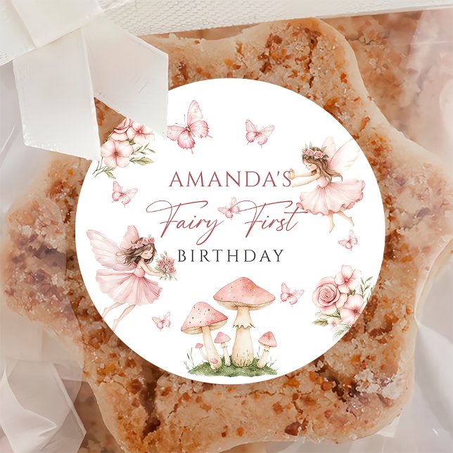Adesivo Redondo Pink Fairy First Birthday Party Sticker (Criador carregado)